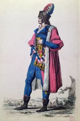 Kostým zástupce francouzského lidu v roce 1793, z „Nové sbírky vojenských kostýmů z Francie a dalších zemí, starých i moderních“, Paříž