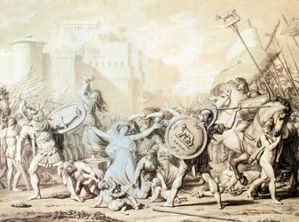 Studie pro znásilnění Sabine Women (pero, tuš, akvarel a kresba tužkou)