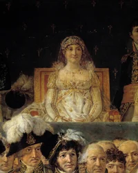 Korunovace Napoleona. Detail zobrazující Letizii Bonaparte (Letizia Maria Ramolino) (1750-1836), matku Napoleona I., během pomazání císaře Napoleona I. Bonaparta a korunovace císařovny Josefíny v pařížské katedrále Notre-Dame dne 2. prosince 1804.