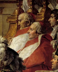 Napoleonova korunovace. Detail zobrazující kardinály a Jeana-Baptista Julese Bernadotta (1763-1844) během vysvěcení císaře Napoleona I. Bonaparta a korunovace císařovny Josefíny v pařížské katedrále Notre-Dame dne 2. prosince
