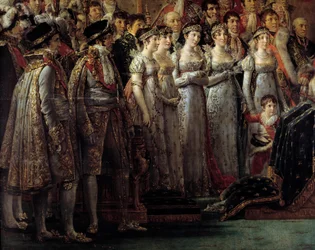 Napoleonova korunovace. Detail zobrazující císařovy bratry a sestry během vysvěcení císaře Napoleona I. Bonaparta a korunovace císařovny Josefíny v pařížské katedrále Notre-Dame dne 2. prosince