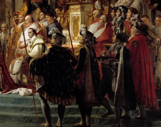 Korunovace Napoleona. Detail zobrazující v popředí papeže Pia VII. během vysvěcení císaře Napoleona I. Bonaparta a korunovace císařovny Josefíny v pařížské katedrále Notre-Dame dne 2. prosince