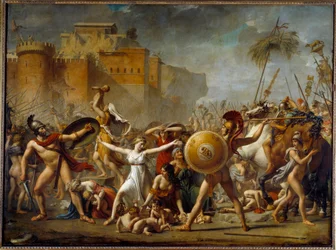 Sabinové vstupující mezi své římské manžely (vpravo) a jejich bratry Sabine (vlevo) a ukazují jim své děti - Obraz Jacques-Louis (Jacques Louis) David (1748-1825)
