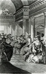 „Vrátí tě čistou a cudnou tvému manželovi“, scéna ze čtvrtého dějství „Figarova svatba“ od Pierra-Augustina Carona de Beaumarchais (1732-99), vyrytá Claudem Nicolasem Malapeauem (1755-1803) 1