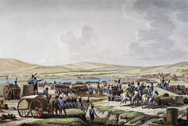 Napoleon při návštěvě obléhacích děl v Gdaňsku pod vedením maršála Lefebvra (9. května 1807), rytina Francoise Jacquese Dequevauvillera (1783-1848), kresba Jacques Francois Joseph Swebach-Desfontaines (1769-1823)