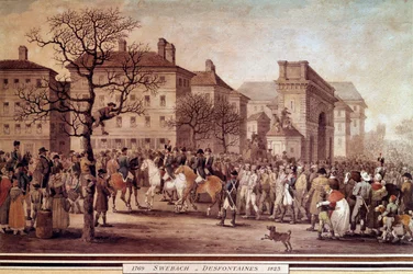 Francouzské tažení v roce 1814: „Vchod zajatců spojeneckých armád (včetně Ruska a Pruska do Paříže) v doprovodu Národní gardy pod velením Marechala Monceyho dne 9. 3. 1814““ Litografie Jacquese Swebacha-Desfontaines (1769- 1823)