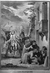 Ilustrace Les Plaideurs od Jacquese de Seve k dílům Jeana Racina (1639-1699), francouzského tragického básníka. rytina z roku 1760.