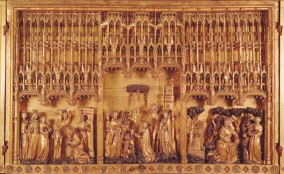 Oltářní obraz svatých a mučedníků, střední panel stětí sv. Jana Křtitele, Umučení sv. Kateřiny Alexandrijské a sv. Barbory a Pokušení sv. Antonína, kolem 1391 (zlacené wo