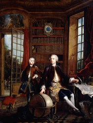 Portrét umělcova syna s učitelem, o kterém se říká, že je to umělec Jean Baptiste de Courtonne mladší, v knihovně,