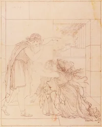 Andromaque u nohou Pyrrhových, ilustrace pro Andromaque od Jeana Racina (1639-1699), od Jacquese de Seve (1742-1788), kresba