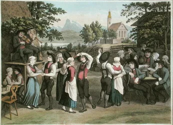 Rakouský vesnický tanec, ilustrace z „Voyage Pittoresque en Austria“ od Alexandra de Laborde, vydané v Paříži 1821 (barevná rytina)