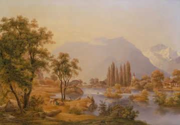 Pohled na řeku Aare a Interlaken s klášterním kostelem (olej)