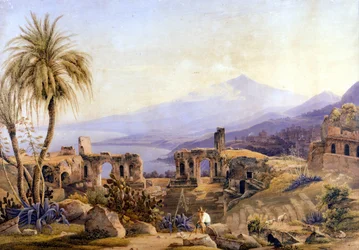 Taormina na Sicílii: ruiny a Etna. Obraz Jacoba Sutera, asi 1850.
