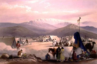 Tábořiště v Daduru, se vstupem do Bolanského průsmyku, z „Sketches in Afghanistan“, vyryté Charlesem Haghem (1810-88) a Louis Haghe (1806-85), vydal Henry Graves