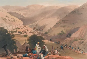 „Třetí sestup průsmyku Koojah [sic] Pass“, kolem roku 1839 (litografie, tónovaná)