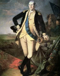 Generál George Washington (1732-99) v Yorktownu ve Virginii (barevné lito)