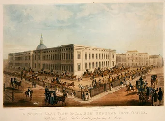 Severovýchodní pohled na New General Post Office (vyryl H. Pyall) (akvatinta na papíře)