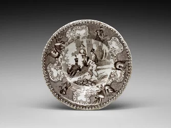 Talíř na šálek, c. 1837-1856 (olověná glazovaná kamenina s transferovým tiskem)
