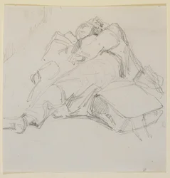 Muž spí na hromadě zavazadel, 1858.