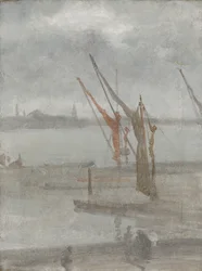 Šedá a stříbrná: Chelsea Wharf, kolem 1864-68 (olej na plátně)