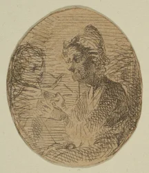 Stará žena a dítě v oválu z náčrtů na desce Coast Survey Plate, 1854-55.