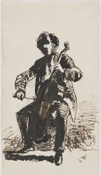 Sir Seymour Haden hraje na violoncello, kolem roku 1855 (tužka, pero a inkoust na béžovém papíře)