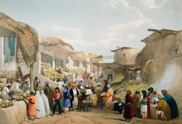 Bazar v Kábulu během ovocné sezóny, první anglo-afghánská válka, 1838-1842