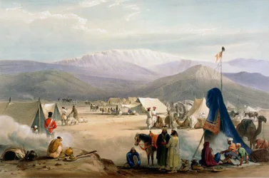 Britský vojenský tábor v Daduru u vchodu do Bolan Pass, první anglo-afghánská válka, 1838-1842