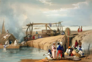 Perské kolo zvedá vodu z řeky Sutlej, Paňdžáb, 1842
