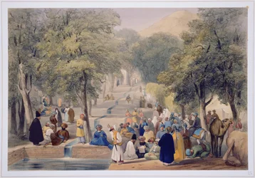 The Avenue at Babers Tomb, ze Sketches v Afghaunistanu, vyryl Charles Haghe (1810-88) a Louis Haghe (1806-85), vydal Henry Graves, 1842