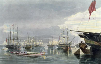 Pohled na řeku, lodní dopravu a město Kalkaty, z blízkosti Smiths Dock, 1837, vyryl Robert Havell mladší (1793-1878) (akvatinta)