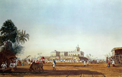 Lall Bazaar a portugalská kaple, Kalkata, ryl Robert Havell, hospoda. 1824