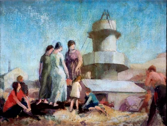 The Lime Burner, cca 1936 (tužka, olej a vosk na panelu)