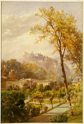 Pohled na Princes Street Gardens a Národní galerii v Edinburghu směrem na západ k hradu, 1855