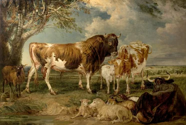 Býk, kráva a tele v krajině, 1837