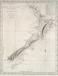 Mapa Nového Zélandu, který v letech 1769 a 1770 prozkoumal poručík J. Cook, velitel lodi Jeho Veličenstva Endeavour