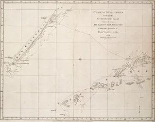 Mapa objevů učiněných v jižním Tichém oceánu na lodi Jeho Veličenstva "Resolution" pod velením kapitána Cooka