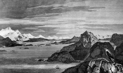 Pohled na vánoční zvuk, Ohňová země, kresba William Hodges, rytina William Watts, ilustrace z Voyage směrem k jižnímu pólu a Round World, James Cook (1728-1779), vydání vydané v Paříži v roce 1778