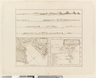 ii. (a) Čtyři profily pobřeží Terra del Fuego (b) Plán úspěšné zátoky v Strait le Maire (c) Mapa S.E. část Terra del Fuego, vyryli T. Borven a J. Gibson