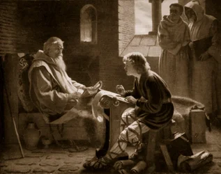Ctihodný Bede překládá evangelium, ilustrace z „Hutchinsonova příběhu britského národa“, kolem roku 1920 (litho)