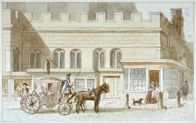 Průčelí obchodů u St Dunstan-in-the-West, Fleet Street, City of London, 1820