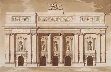 Elevation for the West Front of Parliament House, Dublin, cca 1787 (pero a štětec s hnědou tuší a čb na křídovém papíře)