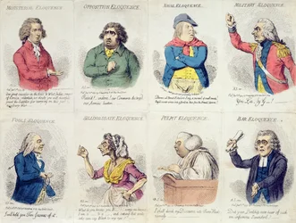 8 vinět zobrazujících výmluvnost, publikovala Hannah Humphrey v roce 1795 (ručně kolorovaný lept)
