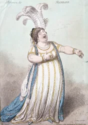 A Bravura Air, Mandane, publikovala Hannah Humphrey v roce 1801 (ručně kolorovaný lept)