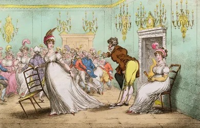 Široká nápověda, kterou nemíním tančit, publikovala Hannah Humphrey v roce 1804 (ručně kolorovaný lept)