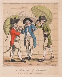 Setkání deštníků, hospoda. 1782 (ručně kolorovaná rytina)