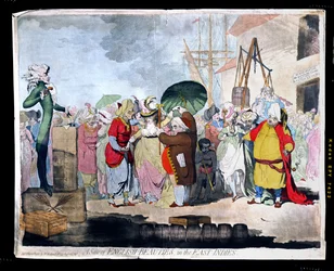 Výprodej anglických krásek ve Východní Indii, vydal W. Holland v roce 1786 (ručně kolorovaný lept s akvatintou)
