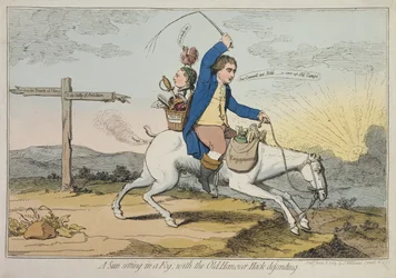 Západ slunce v mlze, s obranou Old Hanover Hack, publikoval J. Williams v roce 1783 (ručně kolorovaný lept)