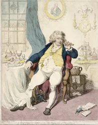 Voluptuary under the Horrors of Digestion, vydané Hannah Humphrey v roce 1792 (ručně kolorovaný lept)