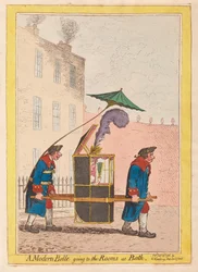 Moderní Belle jdoucí do Rooms at Bath, hospoda. 1796 (ručně kolorovaná rytina)